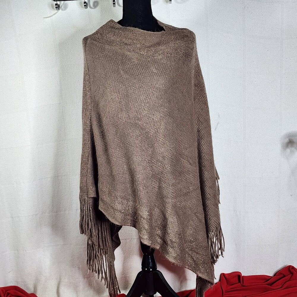 Unbranded Womens Dark Tan with Gold Metallic Trim Acrylic Sweater Poncho OSFM - Picture 2 of 16
